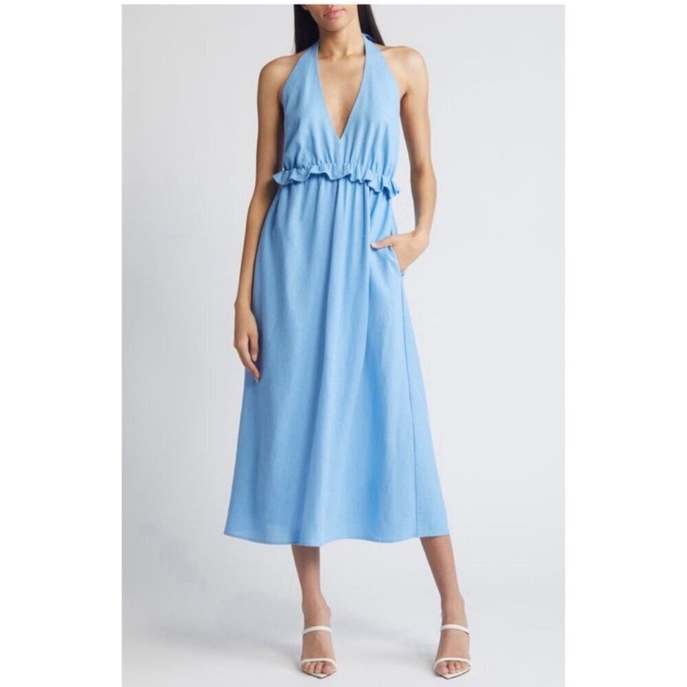 Charles Henry Linen Blue‎ Halter Dress Large L Maxi Backless